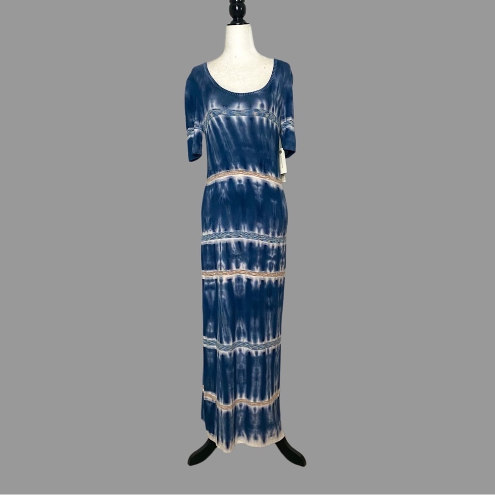 💛 M 💛 NWT Anthro Tie Dye Midi Dress Blue Stripes Stretch Sweater Dress​